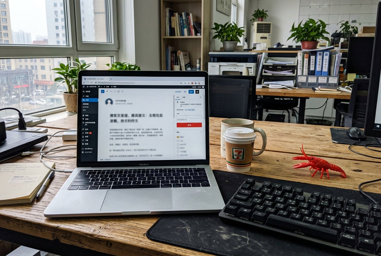 四月清晨的办公桌，笔记本屏幕上是一篇待发的文章，桌角一只红色小龙虾玩偶