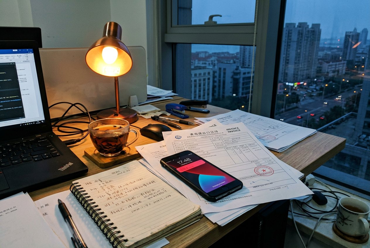 傍晚的办公桌，手机亮着一条红色通知，旁边是发票和一杯凉茶